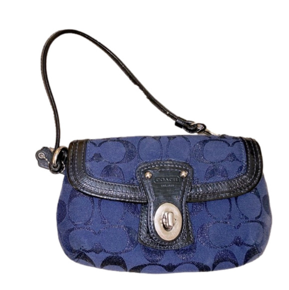 Coach Signature C Navy Blue Canvas Black Leather Wristlet - Picture 1 of 5
